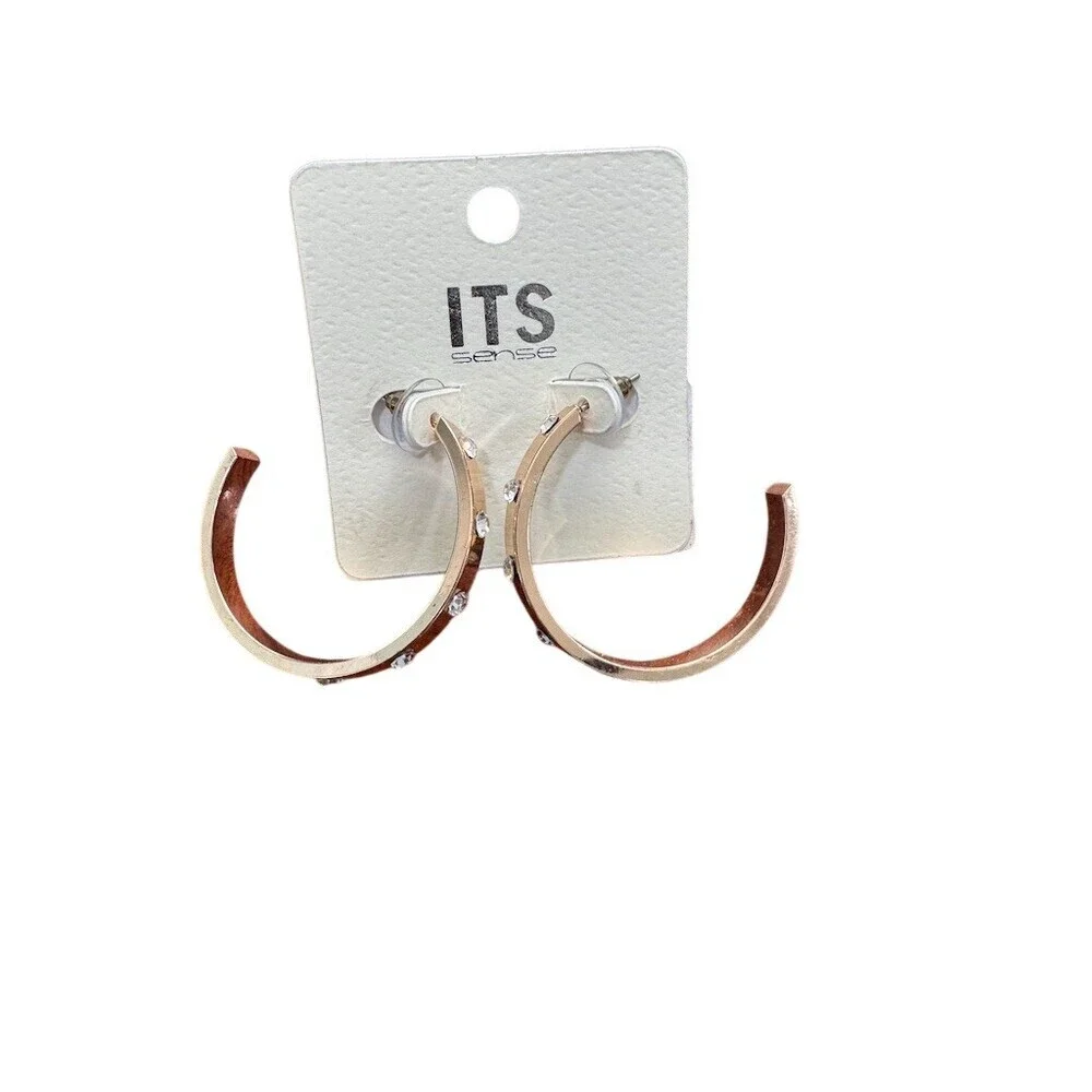 ITS Sense Earrings Rose Gold Tone Clear Rhinestone Half Hoop Open Circle